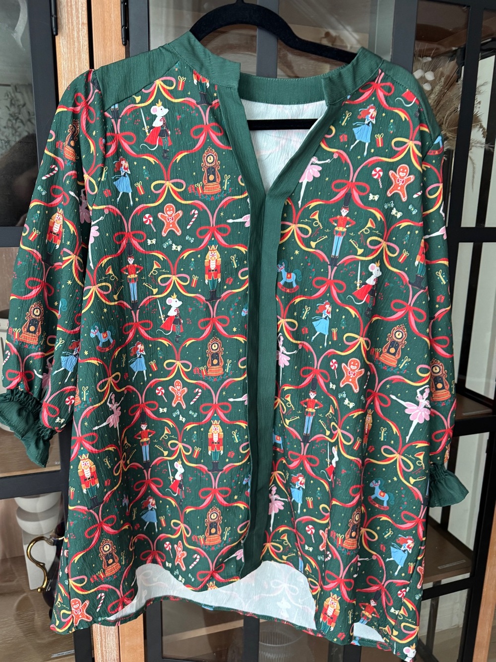 Nutcracker christmas blouse forest top block print trellis splice neck collar